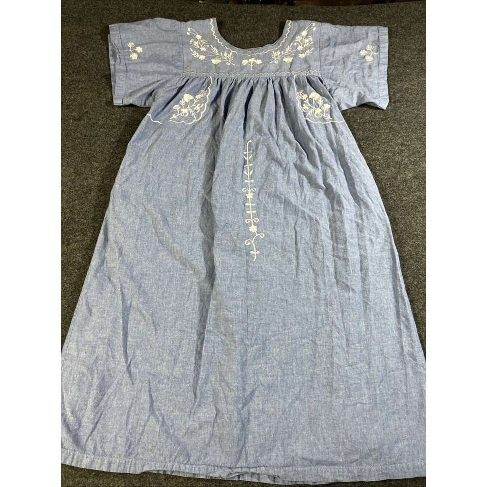 vtg vermont counrty store chambray denim embroidered dress l boho hippie summer